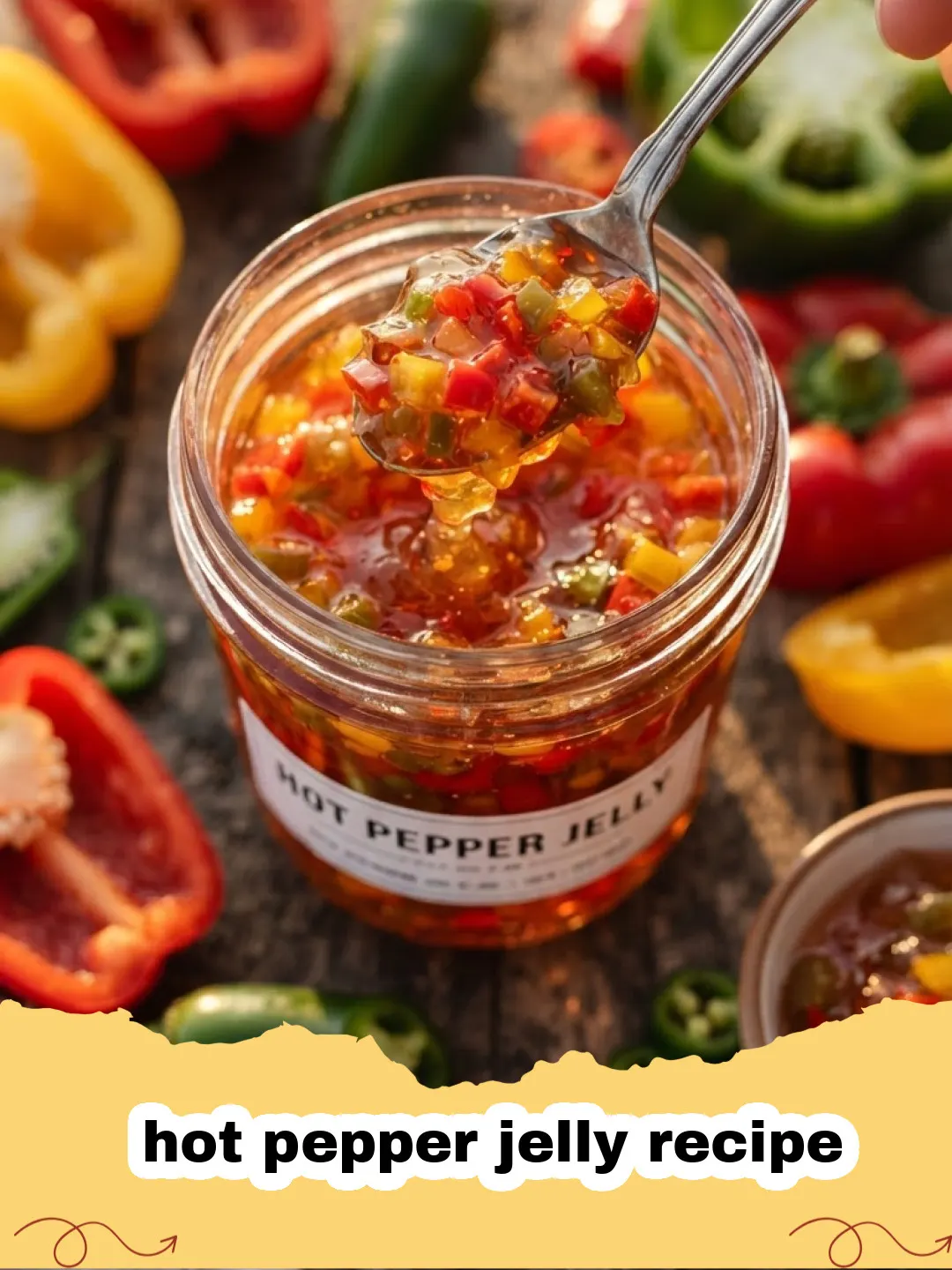 hot pepper jelly recipe - Several jars of homemade hot pepper jelly, glowing crimson and orange, with fresh peppers and crackers in the background.