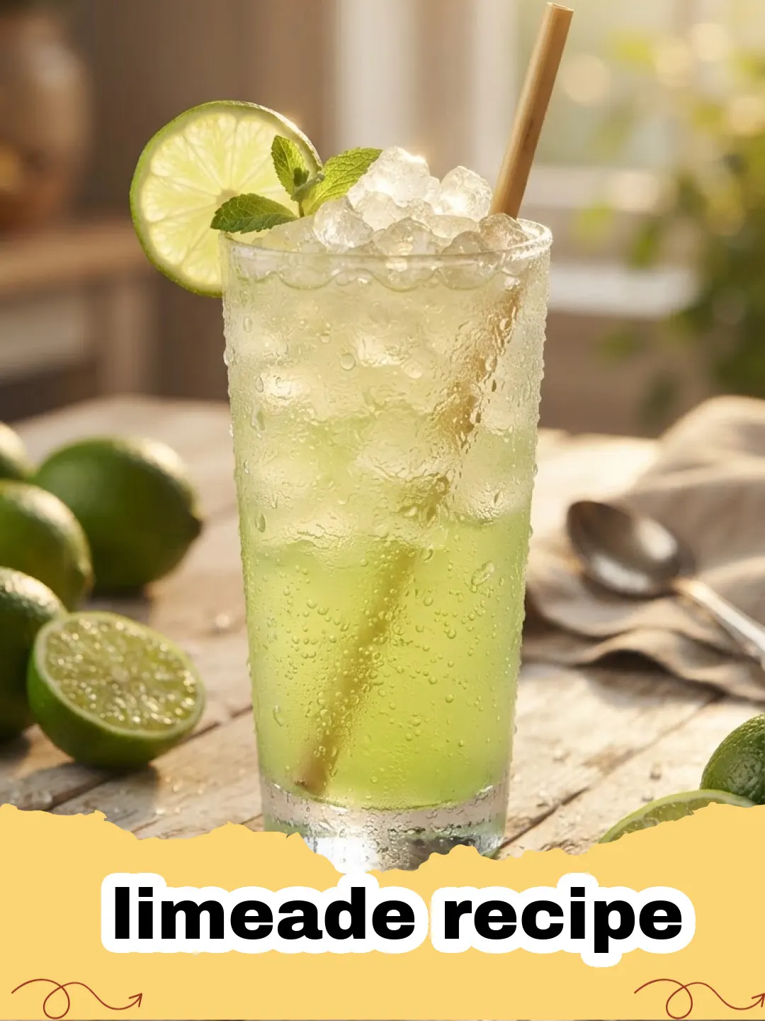 limeade recipe - A glass of refreshing homemade limeade with ice and a lime slice on a wooden table outdoors.