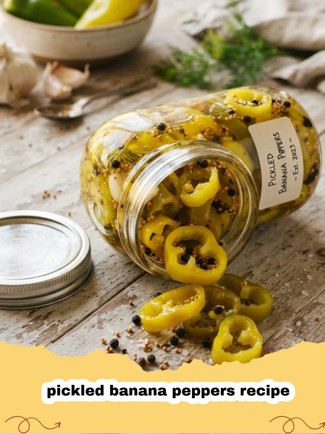 pickled banana peppers recipe - Jars of bright yellow pickled banana pepper rings in a clear brine.