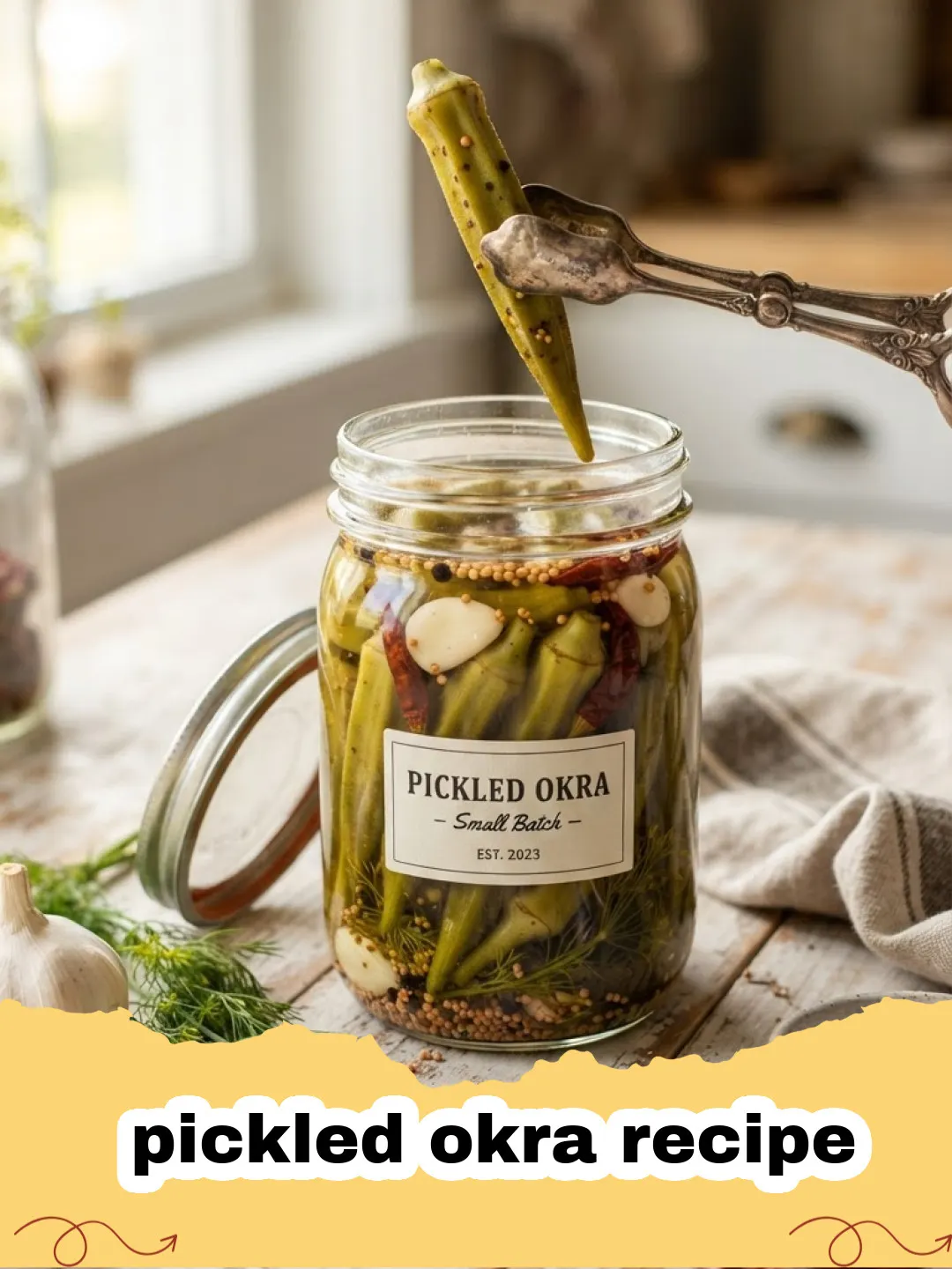 pickled okra recipe - Close-up of vibrant green pickled okra in a glass canning jar, showing dill and garlic cloves.