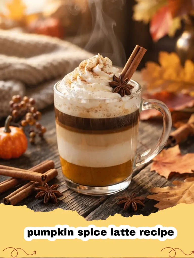 pumpkin spice latte recipe - A steaming mug of homemade pumpkin spice latte, topped with whipped cream and a sprinkle of cinnamon, on a wooden table with autumn leaves.