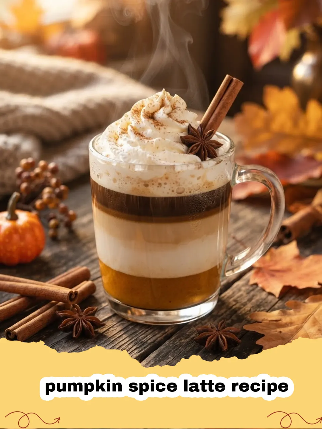 pumpkin spice latte recipe - A steaming mug of homemade pumpkin spice latte, topped with whipped cream and a sprinkle of cinnamon, on a wooden table with autumn leaves.