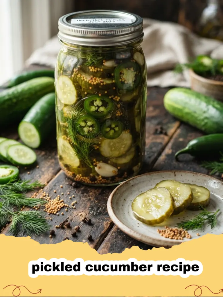 pickled cucumber recipe - Close-up of crisp pickled cucumber slices packed in a glass jar with fresh dill and garlic, ready for the refrigerator.