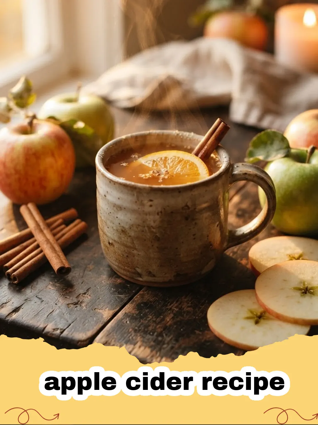 apple cider recipe - A steaming mug of homemade apple cider garnished with cinnamon sticks and apple slices, set against a cozy fall backdrop.