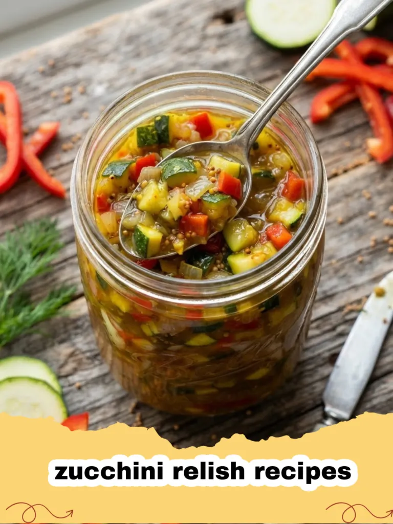 zucchini relish recipes - Close-up of a jar of homemade sweet and tangy zucchini relish with fresh zucchini and spices in the background.