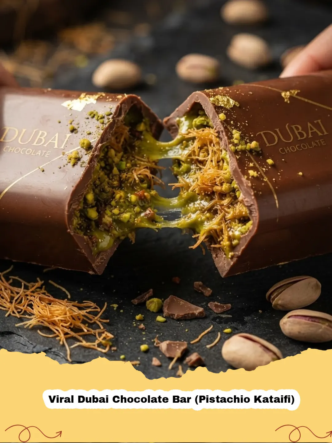 Viral Dubai Chocolate Bar (Pistachio Kataifi) - Close-up of a slice of Viral Dubai Chocolate Bar with visible layers of chocolate, green pistachio, and crunchy kataifi.