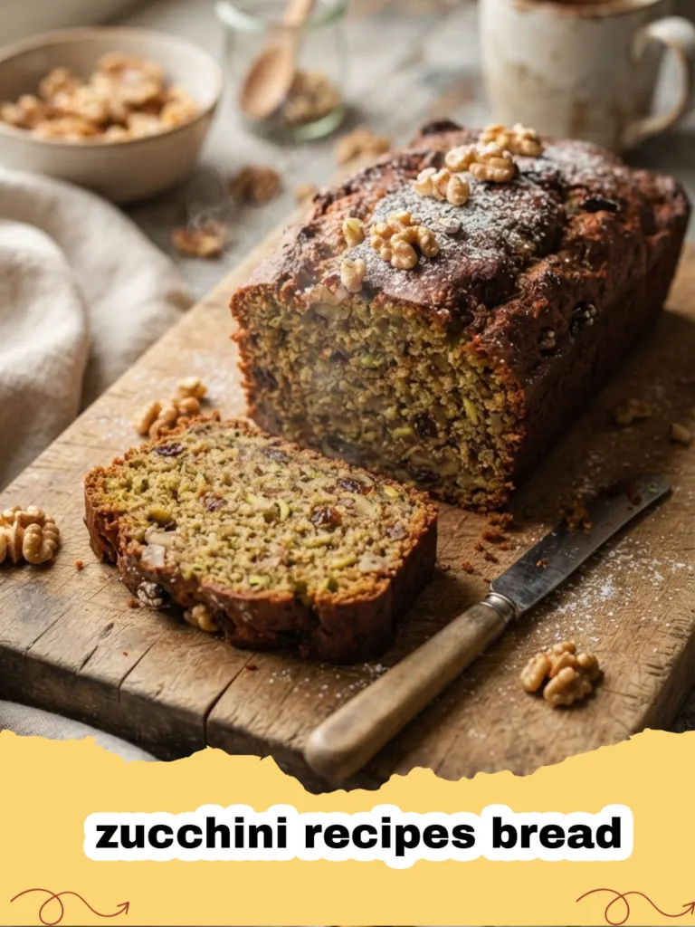 zucchini recipes bread - A beautiful golden brown loaf of sliced zucchini bread on a wooden board.