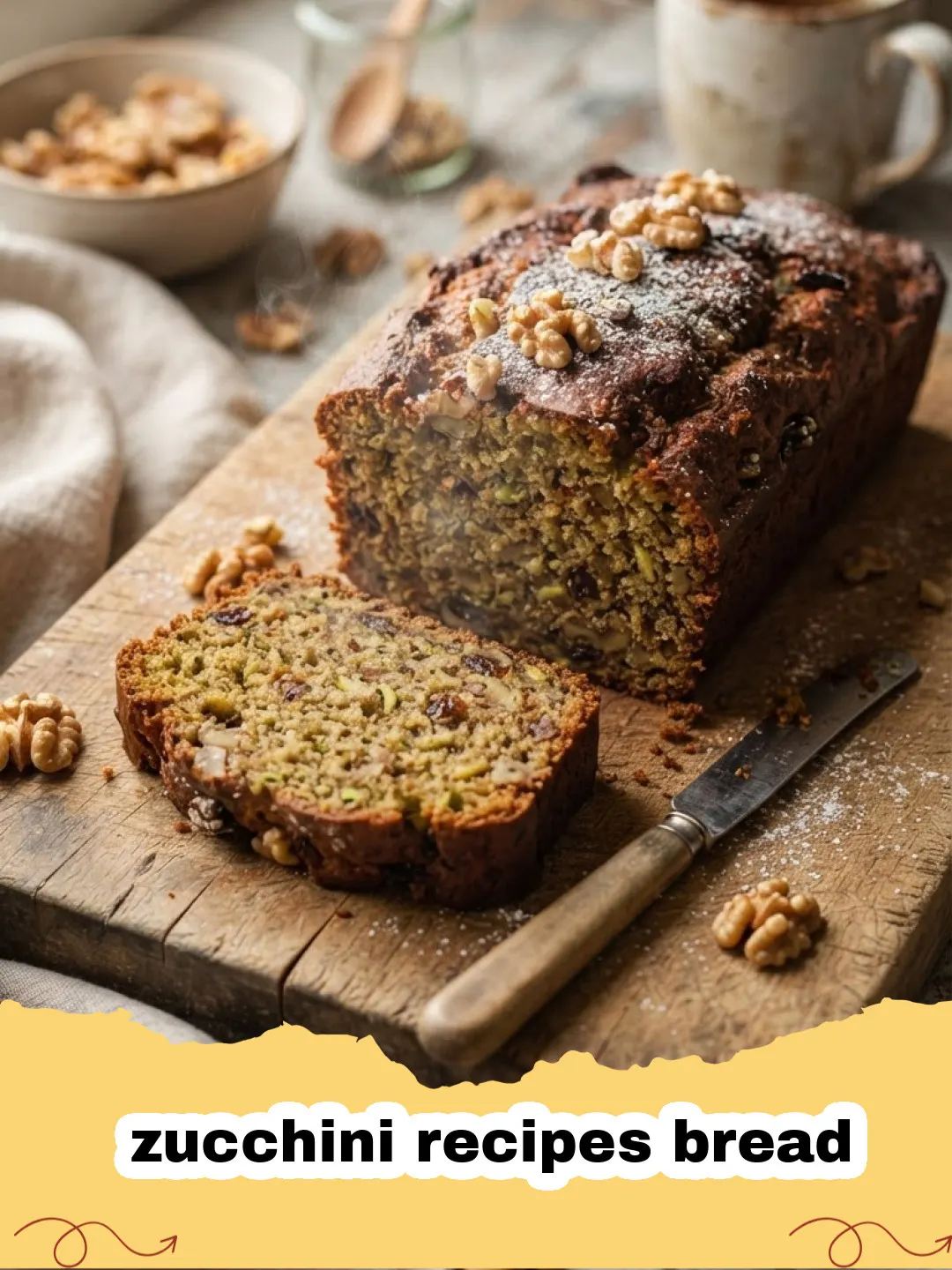 zucchini recipes bread - A beautiful golden brown loaf of sliced zucchini bread on a wooden board.