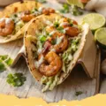 Close-up of three Honey-Lime Shrimp Tacos on a wooden board, garnished with cilantro and lime wedges, showing the succulent shrimp and colorful toppings.