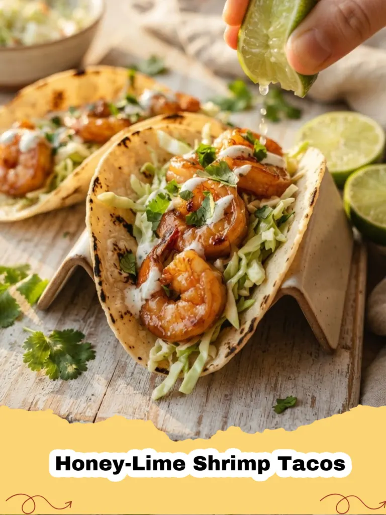 Close-up of three Honey-Lime Shrimp Tacos on a wooden board, garnished with cilantro and lime wedges, showing the succulent shrimp and colorful toppings.