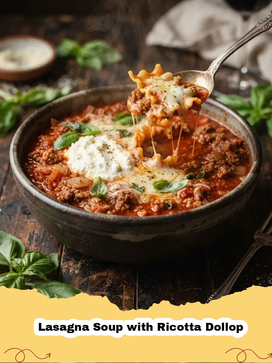 Lasagna Soup with Ricotta Dollop - A close-up shot of a steaming bowl of Lasagna Soup with a generous dollop of creamy ricotta cheese and fresh parsley on top.