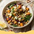 Lemon Herb Sweet Potato Quinoa Bowls - Close-up of a vibrant Lemon Herb Sweet Potato Quinoa Bowl with fresh herbs and a lemon wedge