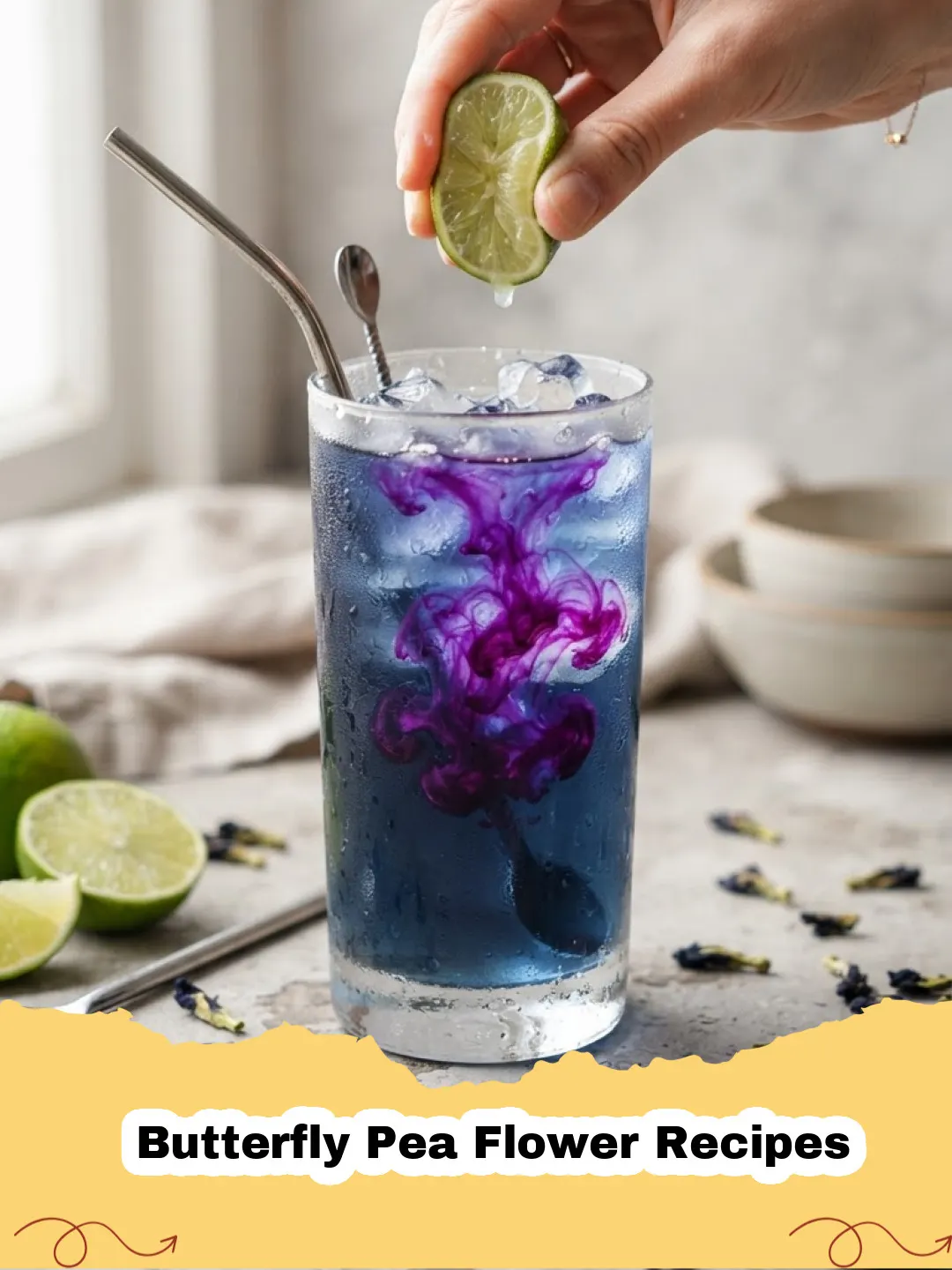 Butterfly Pea Flower Recipes - Two glasses of vibrant color-changing butterfly pea flower lemonade, one blue, one purple, garnished with lemon slices and mint.