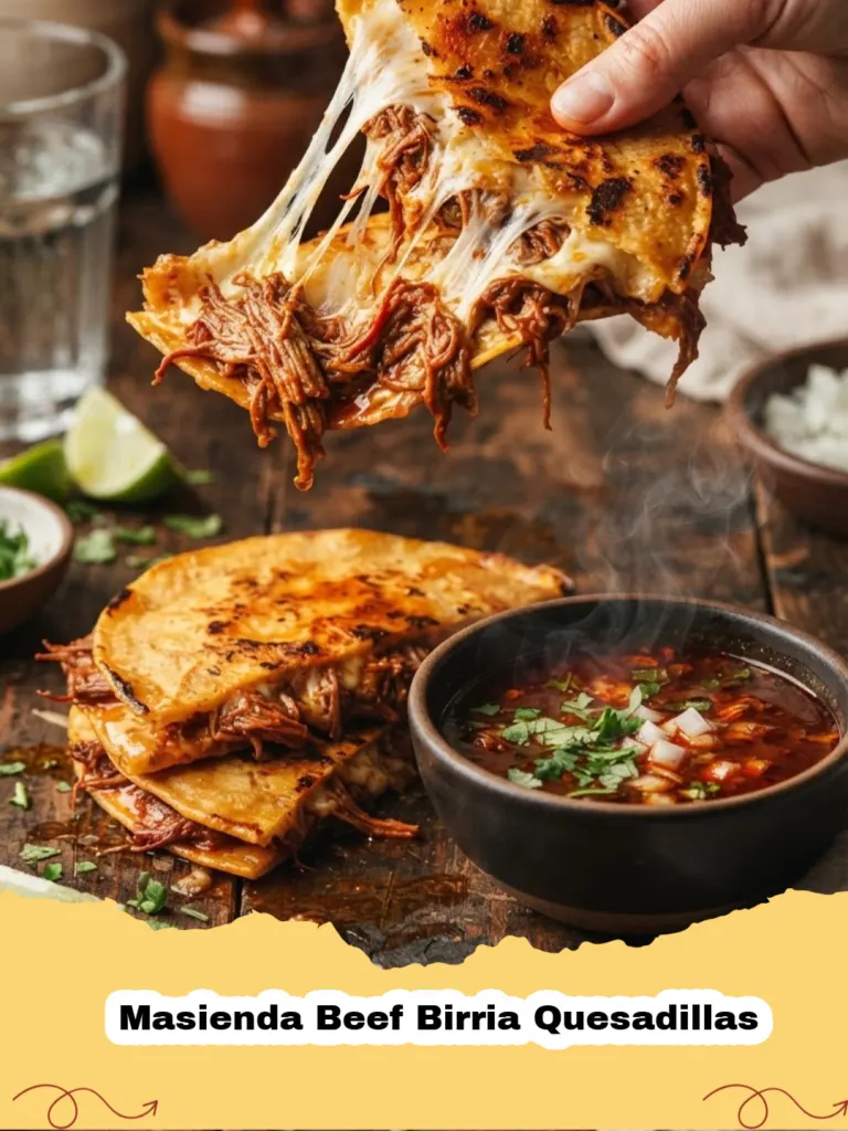 Masienda Beef Birria Quesadillas - Crispy Masienda Beef Birria Quesadilla with melted cheese and tender beef, garnished with cilantro and onion, with a side of rich consommé for dipping.