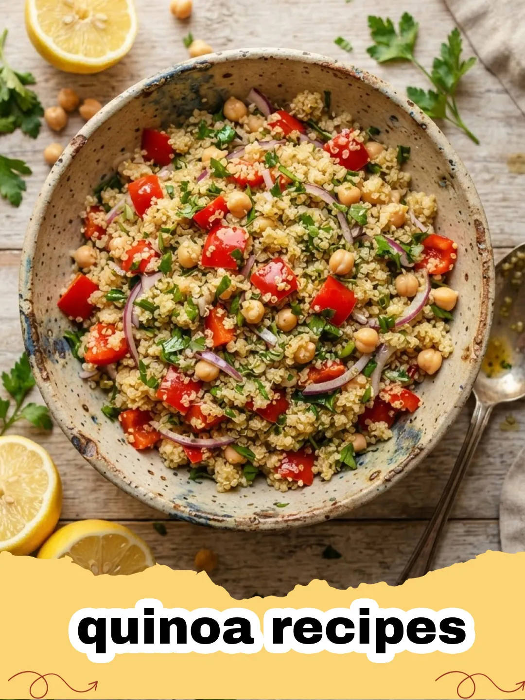 quinoa recipes - A vibrant Mediterranean Quinoa Power Bowl, overflowing with colorful vegetables, chickpeas, feta, and fluffy quinoa.