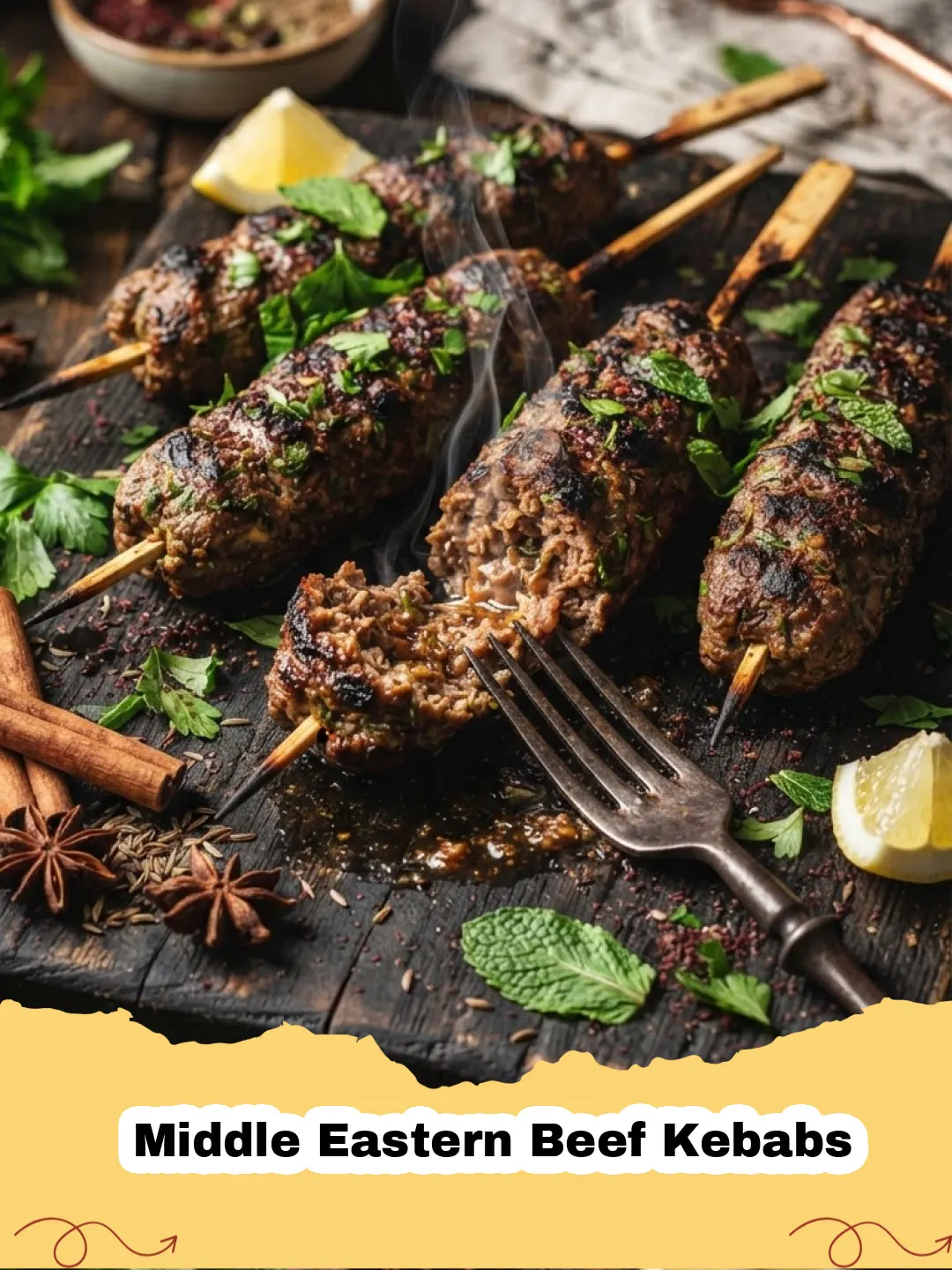 Close-up of grilled Middle Eastern Beef Kebabs on skewers, garnished with fresh parsley and lemon wedges.
