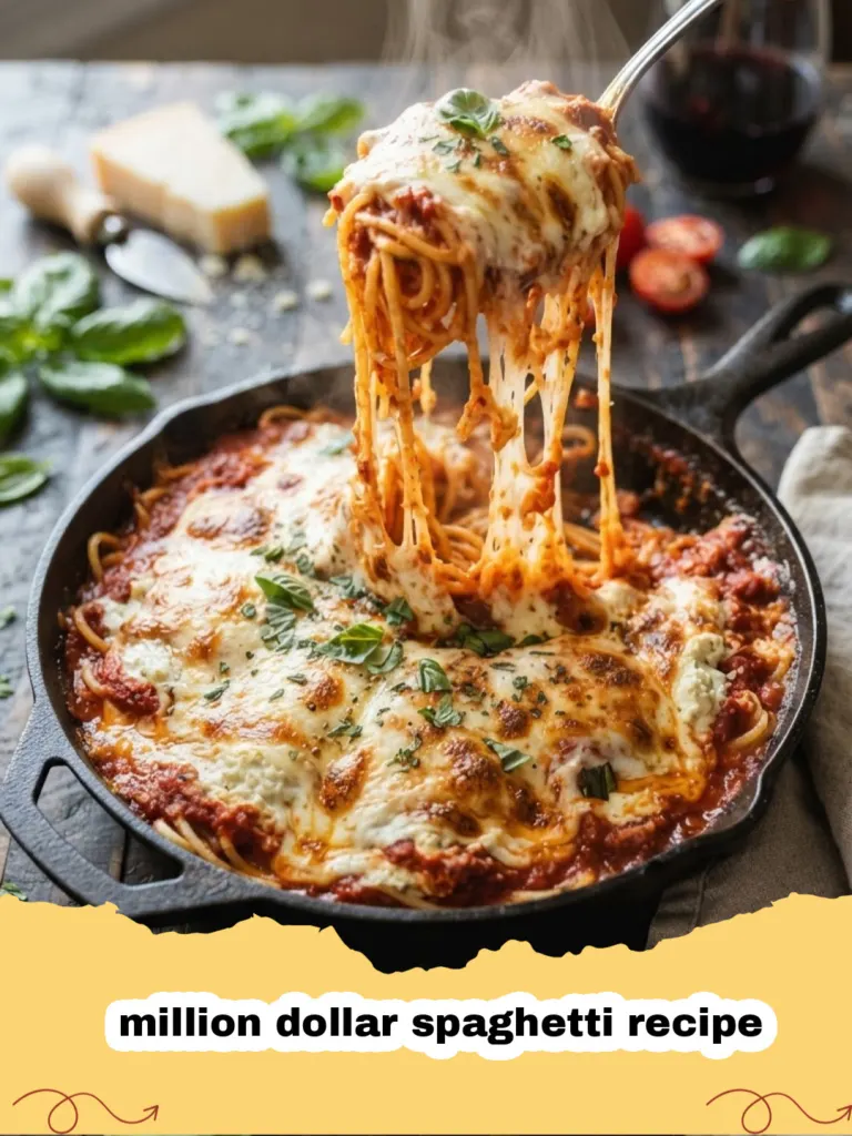 million dollar spaghetti recipe - Close-up of baked million dollar spaghetti casserole with golden bubbly cheese and visible layers of pasta and meat sauce.