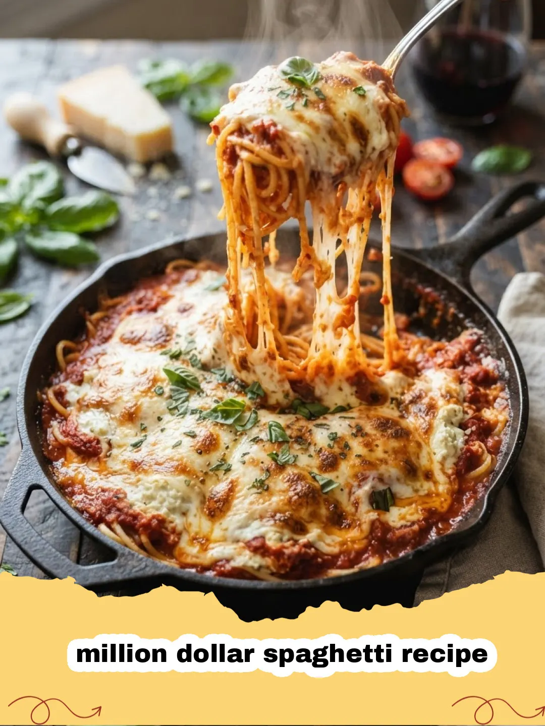 million dollar spaghetti recipe - Close-up of baked million dollar spaghetti casserole with golden bubbly cheese and visible layers of pasta and meat sauce.