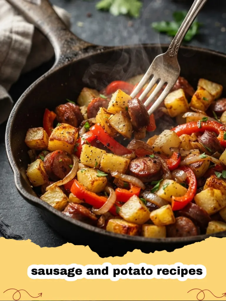 Close-up of a sheet pan filled with roasted Italian sausage and potato recipes, golden brown and garnished with fresh rosemary.