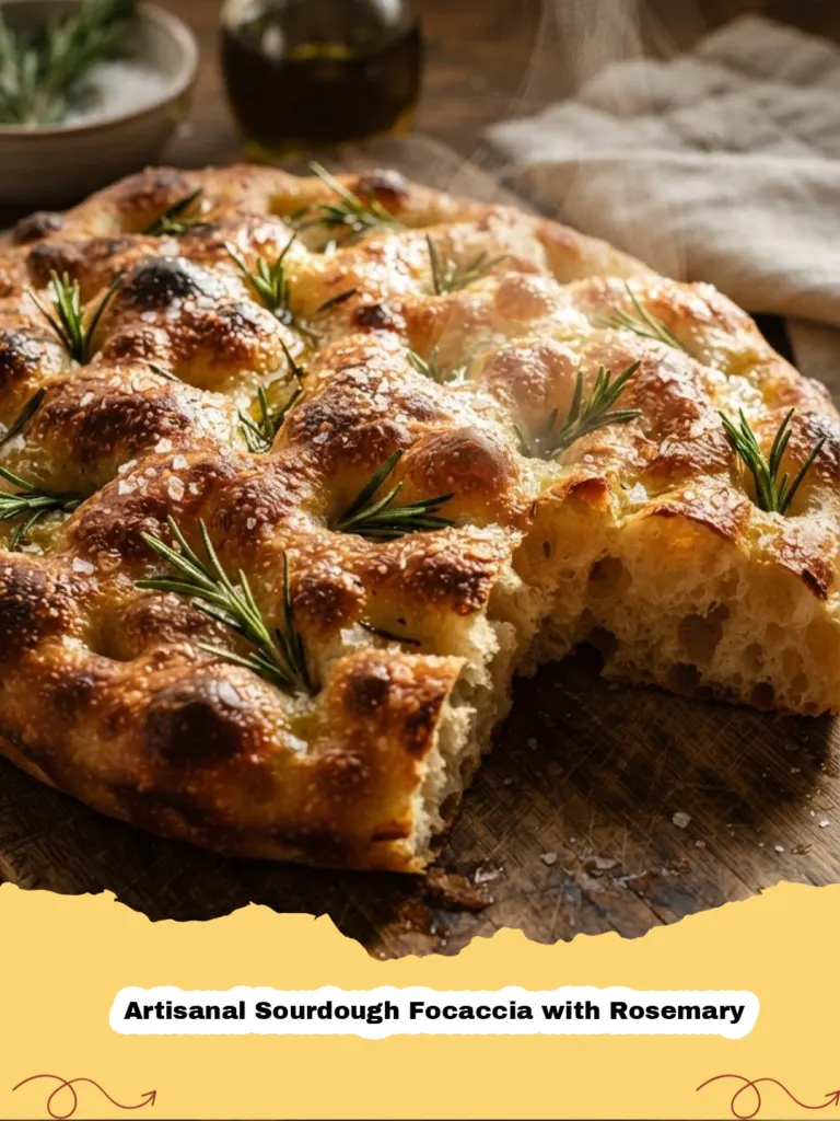 Golden Artisanal Sourdough Focaccia with Rosemary, dimpled and glistening with olive oil.