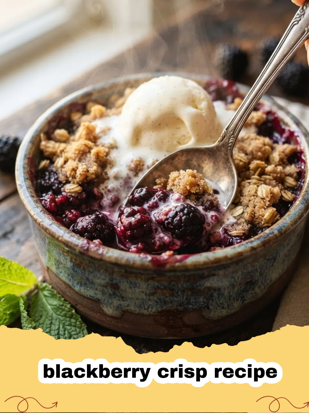 A warm, bubbly classic blackberry crisp recipe in a white baking dish, topped with a scoop of melting vanilla ice cream.