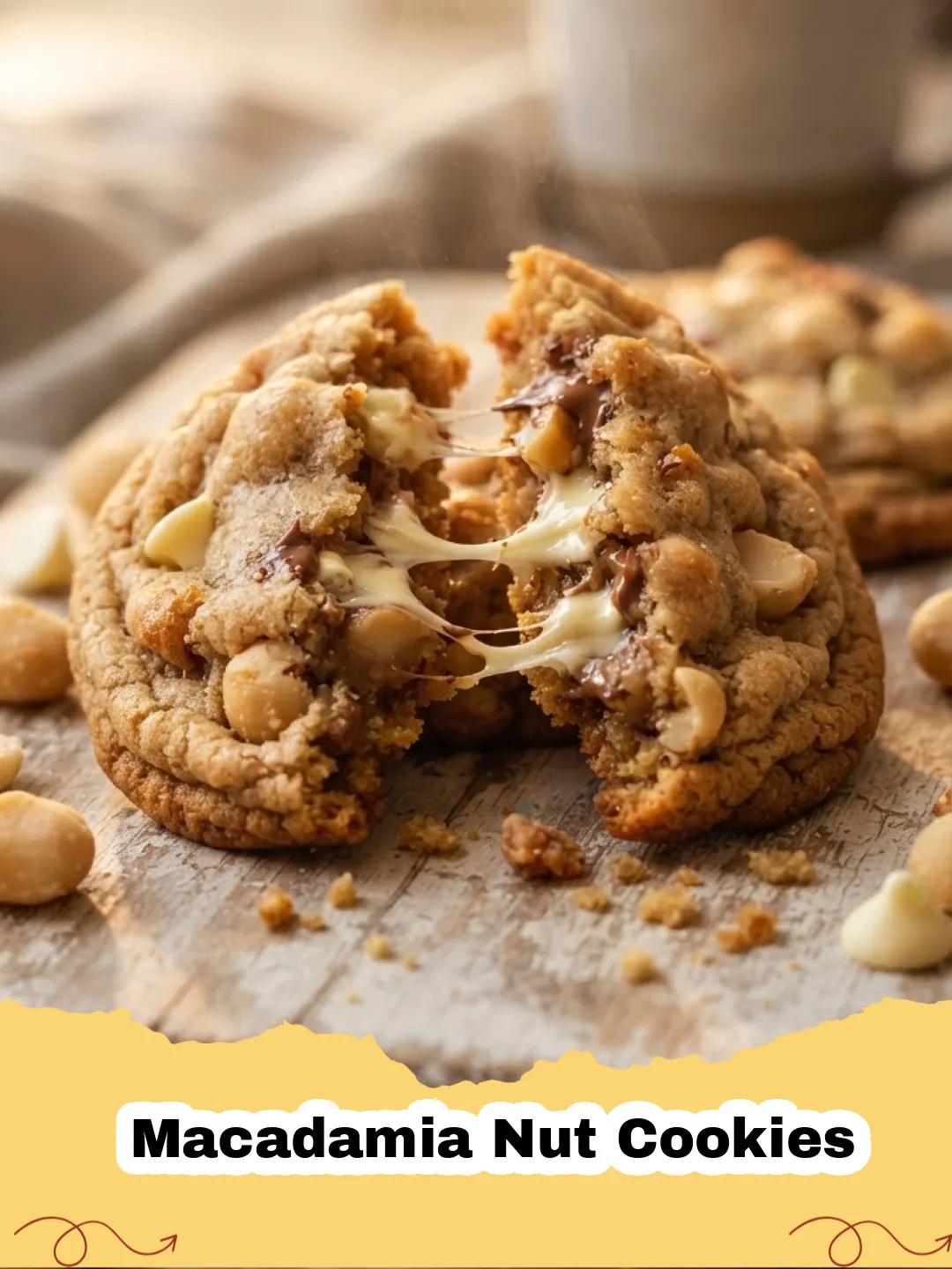 Pile of golden-brown Macadamia Nut Cookies on a white plate with a few nuts scattered around.