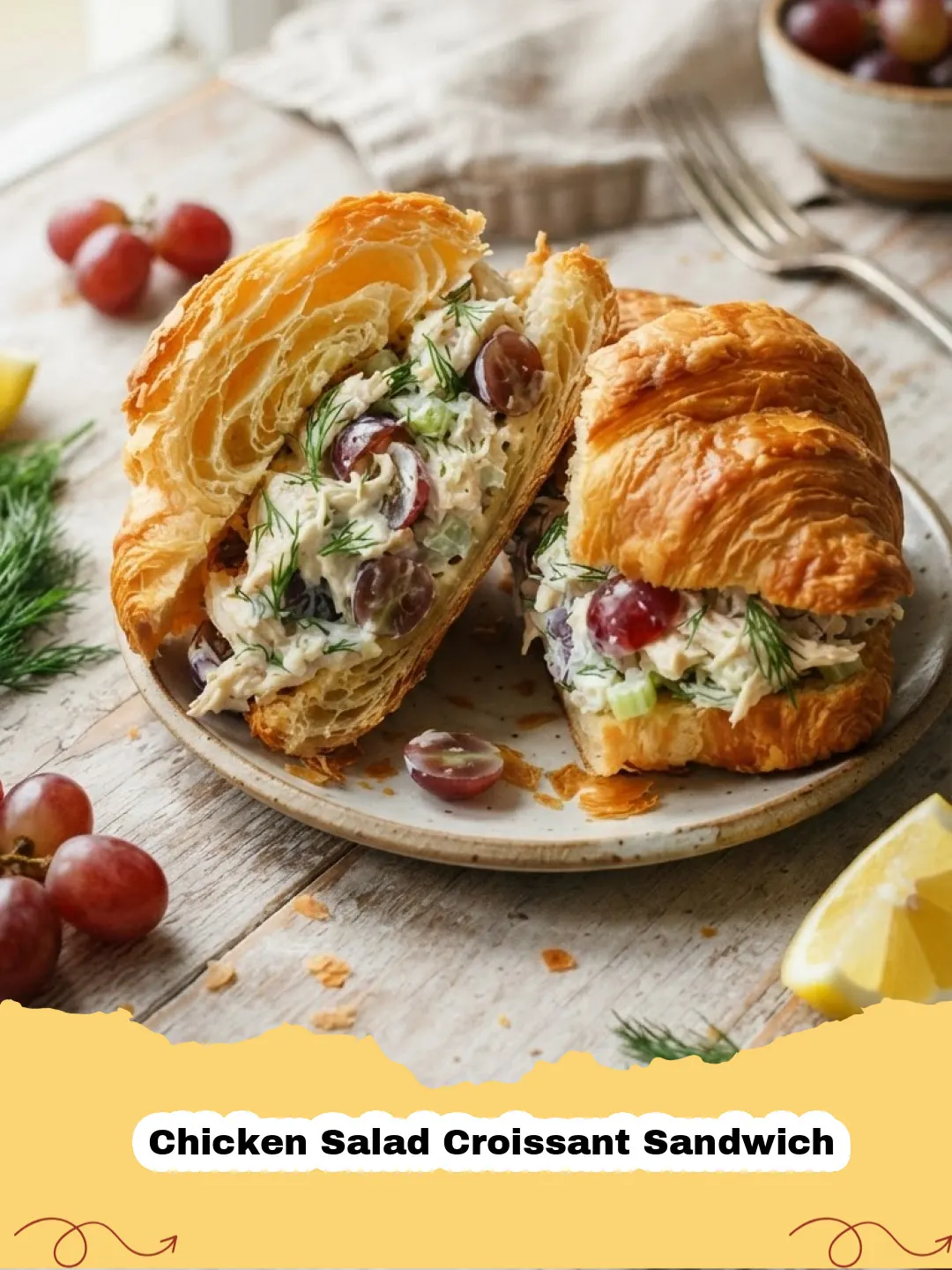 Close-up of a perfectly assembled Chicken Salad Croissant Sandwich with flaky bread and creamy filling