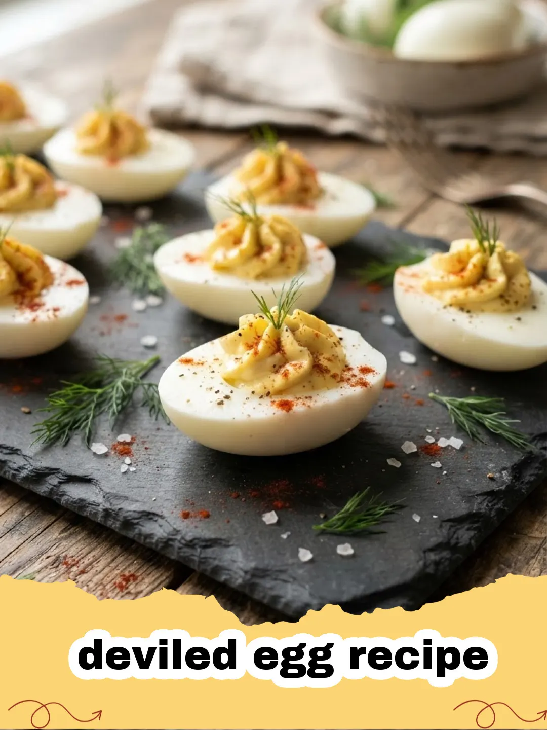 deviled egg recipe - A platter of perfectly piped deviled eggs garnished with paprika and chives.