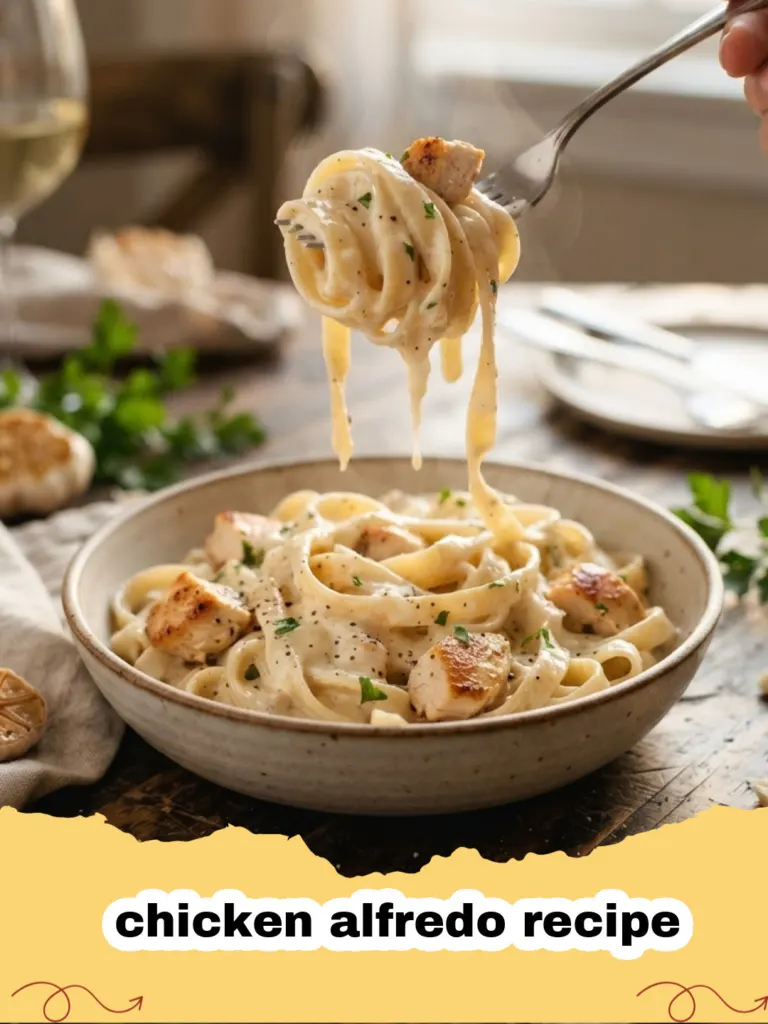 A close-up shot of a creamy chicken alfredo recipe dish with fettuccine pasta, golden chicken pieces, and fresh parsley.