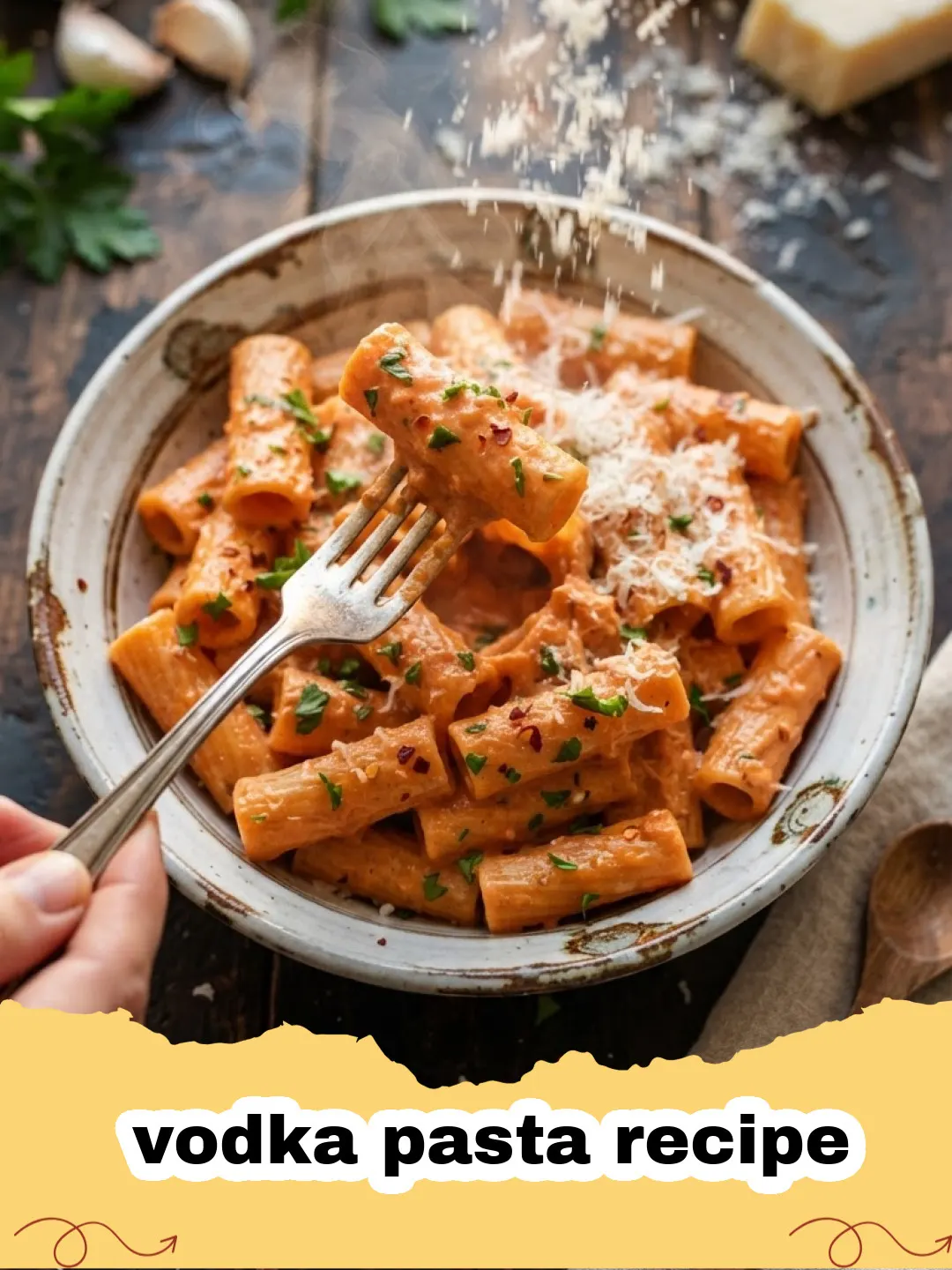 vodka pasta recipe - Close-up of creamy vodka pasta in a bowl with fresh basil garnish.