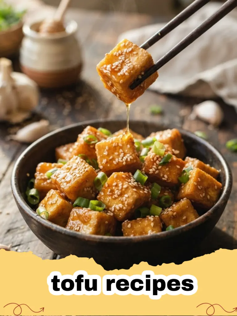 tofu recipes - A close-up shot of crispy golden brown tofu cubes glazed in a dark savory sauce and garnished with green onions.