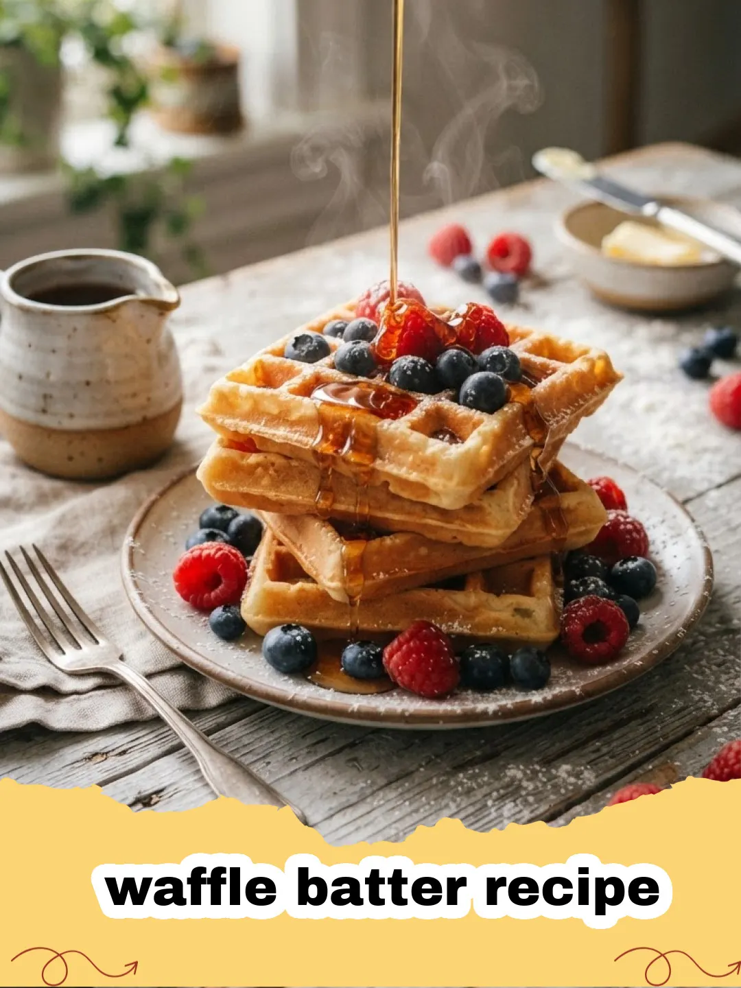 waffle batter recipe - Stack of golden-brown fluffy waffles with berries and syrup.