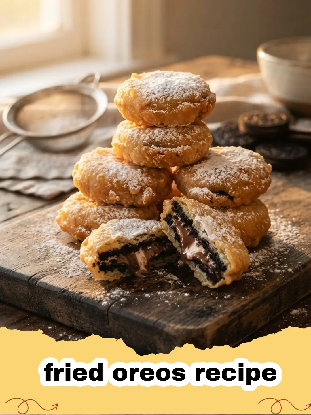 fried oreos recipe - Golden brown fried Oreos dusted with powdered sugar on a plate