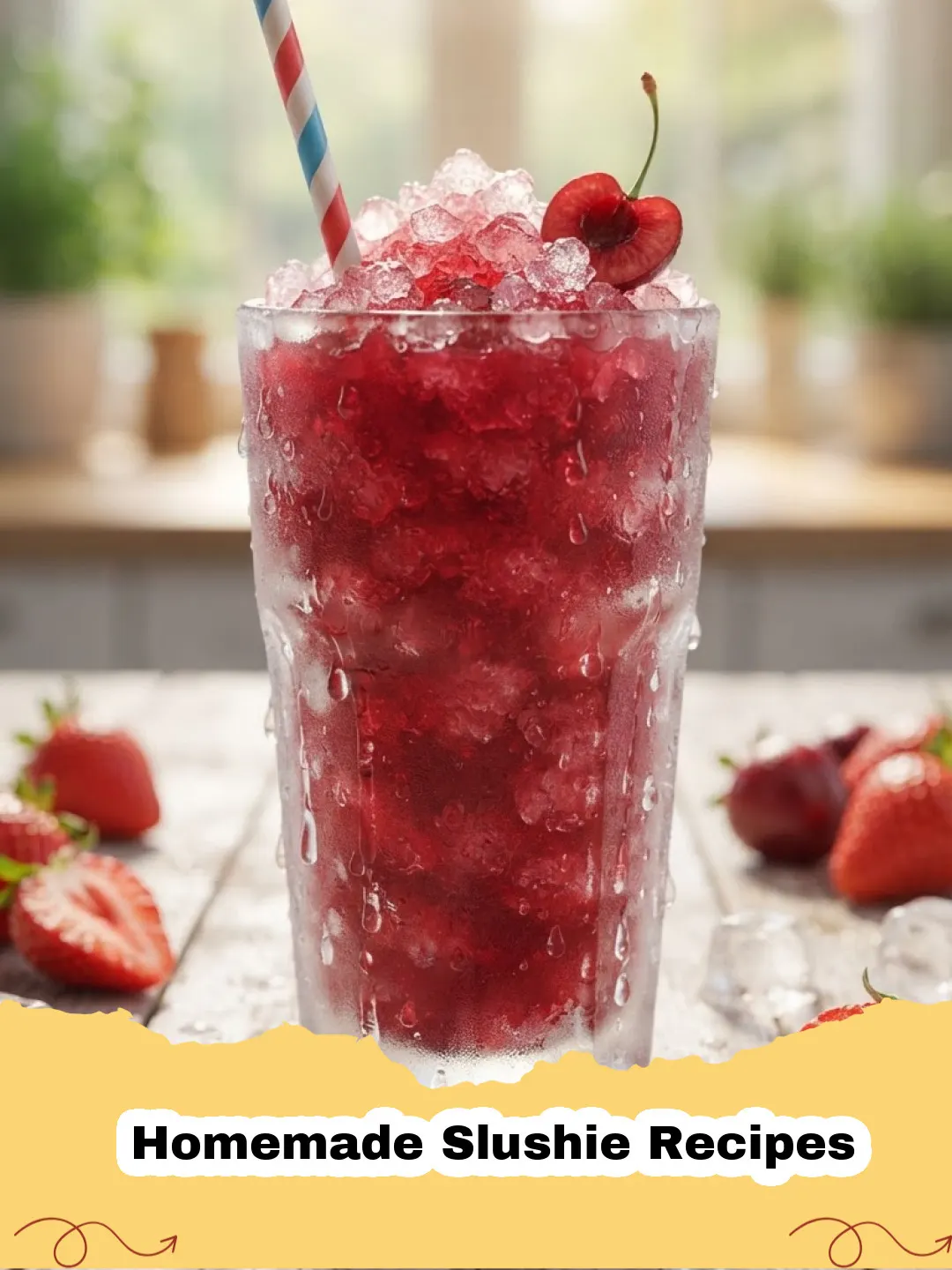 Homemade Slushie Recipes - Two glasses of vibrant, frosty homemade berry slushies garnished with fresh berries and mint, set on a bright summer background.