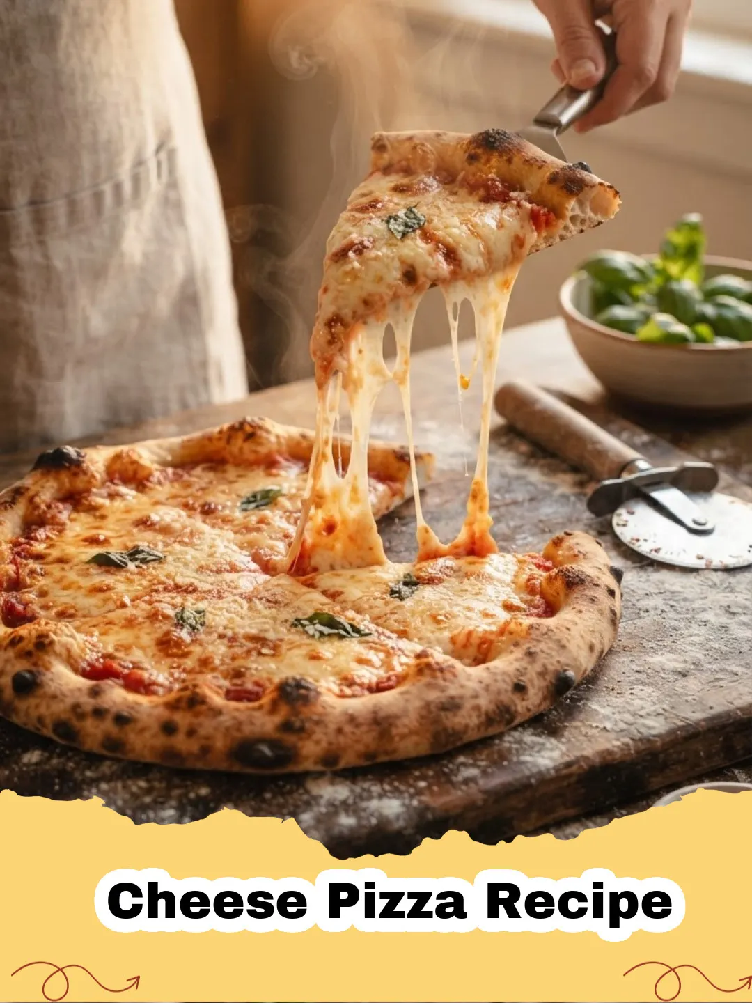 Cheese Pizza Recipe - A delicious, bubbling homemade cheese pizza with a golden crust, fresh from the oven, served on a wooden board.
