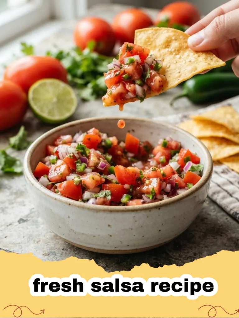 Bowl of vibrant homemade fresh salsa recipe with tortilla chips and fresh ingredients scattered around.