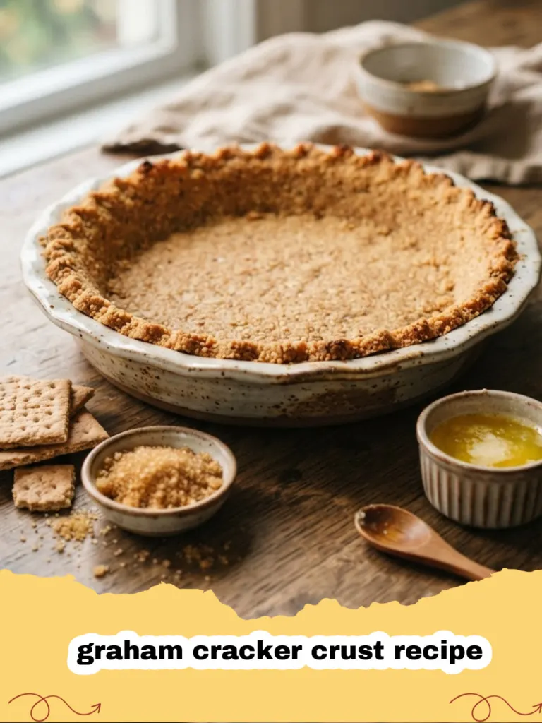 Golden brown homemade graham cracker crust in a pie plate, ready for filling.