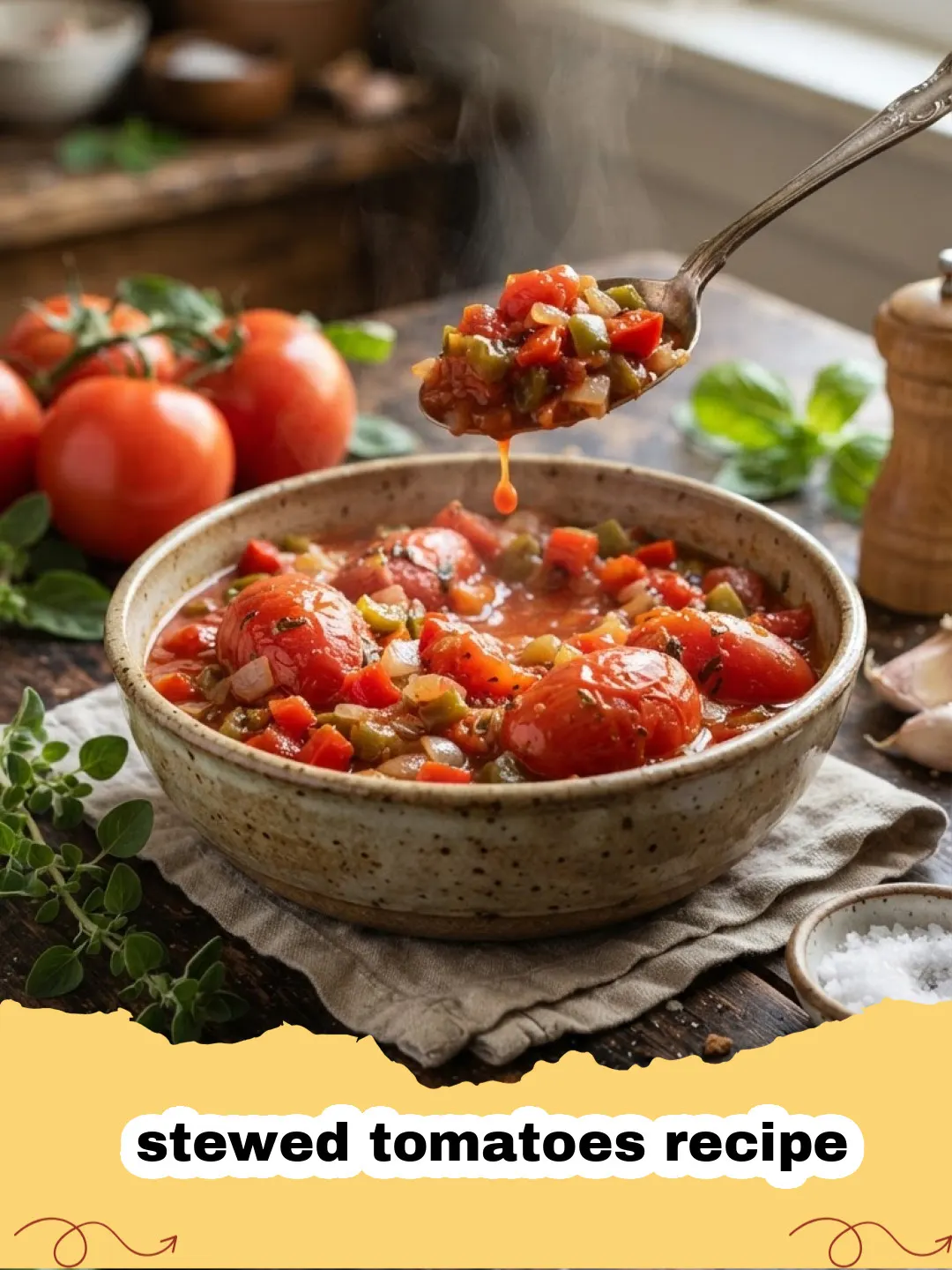 stewed tomatoes recipe - A rustic bowl of homemade stewed tomatoes garnished with fresh herbs.