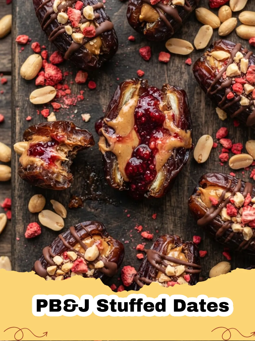 PB&J Stuffed Dates - Close-up of a perfectly prepared PB&J Stuffed Date, showing the creamy peanut butter and vibrant red jelly bursting from the soft Medjool date, garnished with a sprinkle of chia seeds.