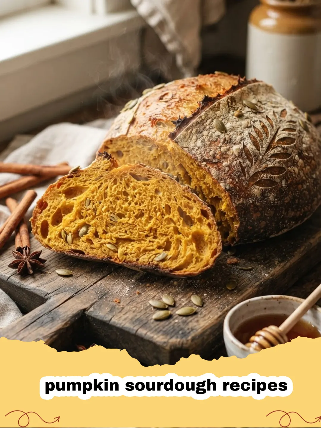 pumpkin sourdough recipes - A golden-brown loaf of pumpkin sourdough bread on a cooling rack, with a slice cut to reveal its soft, airy interior.