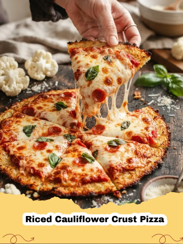 A freshly baked Riced Cauliflower Crust Pizza topped with pepperoni and cheese, resting on a wooden board.