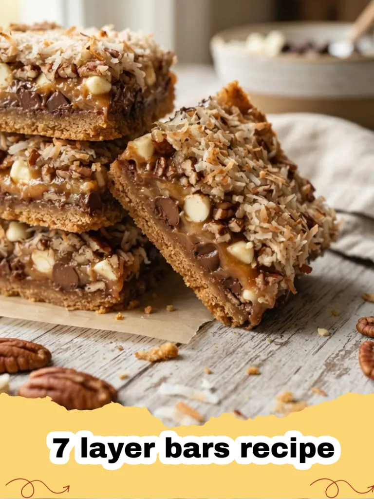 7 layer bars recipe - Close-up of freshly baked 7 Layer Bars with visible layers of chocolate, butterscotch, coconut, and nuts.