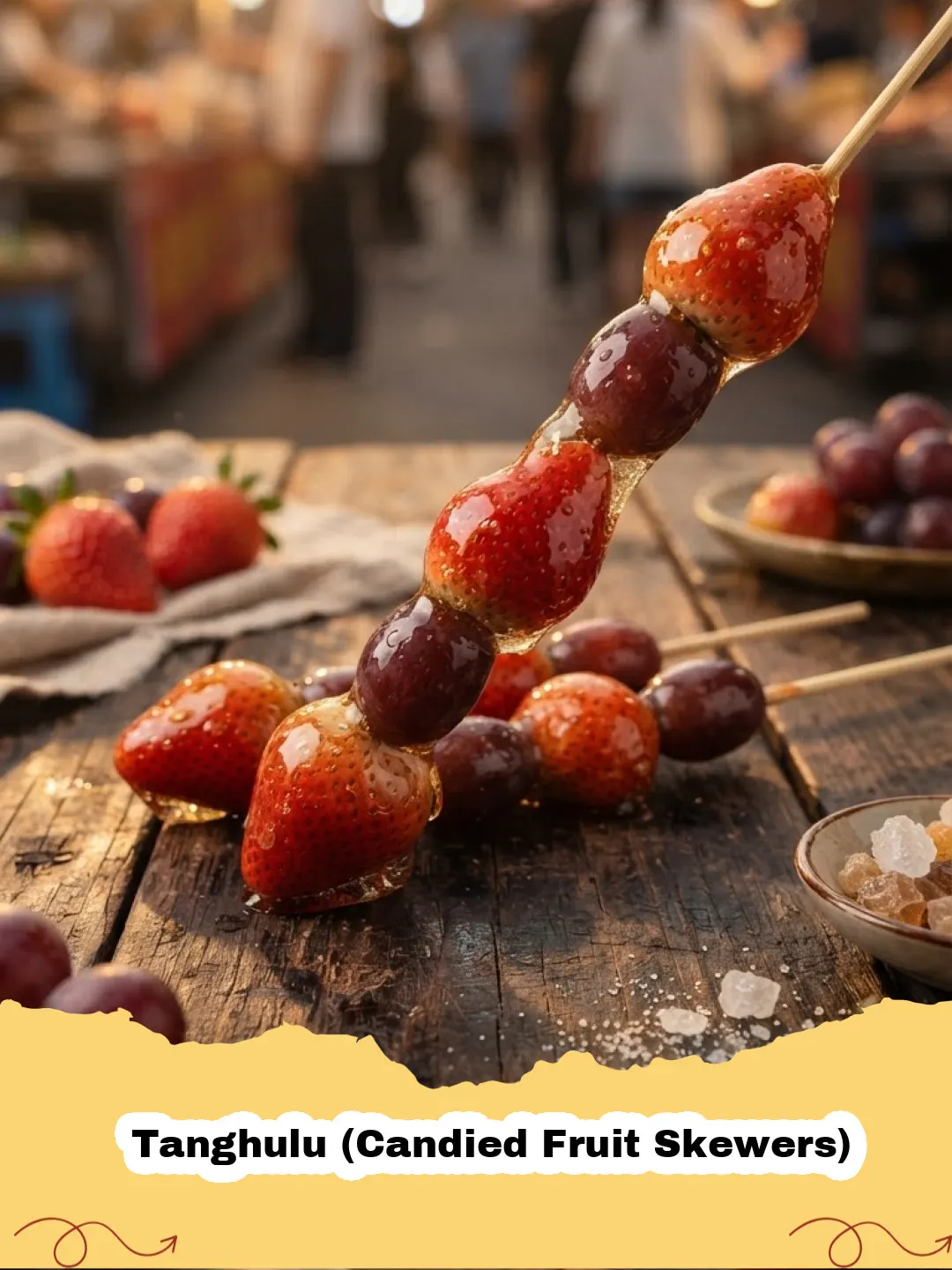 Close-up of Tanghulu (Candied Fruit Skewers) with glossy sugar coating on strawberries and grapes