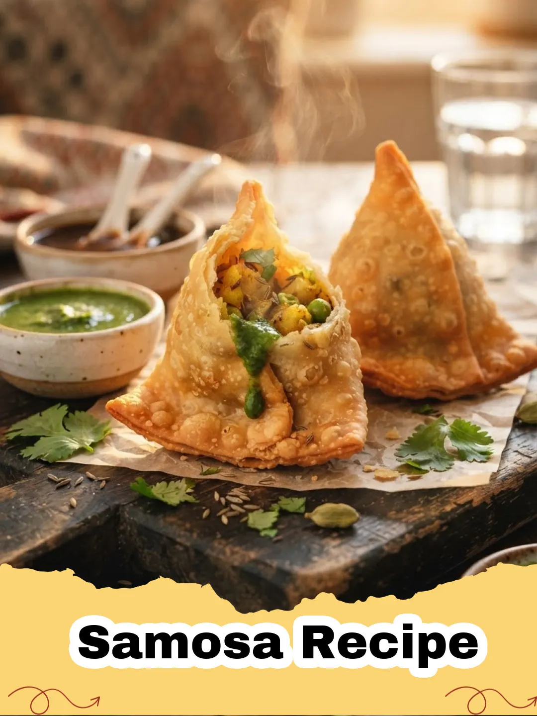 Samosa Recipe - Golden brown crispy homemade samosas piled on a plate with green and tamarind chutneys.