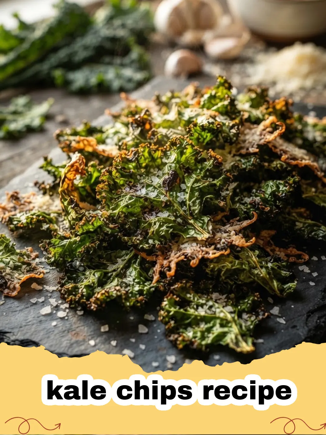 kale chips recipe - Pile of crispy, seasoned kale chips on a baking sheet, ready to eat.