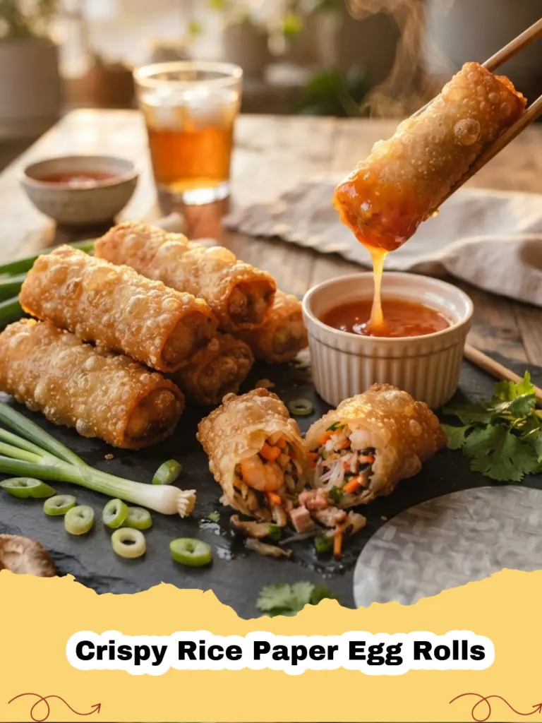 Crispy Rice Paper Egg Rolls - Pile of golden crispy rice paper egg rolls with fresh herbs and a dipping sauce.