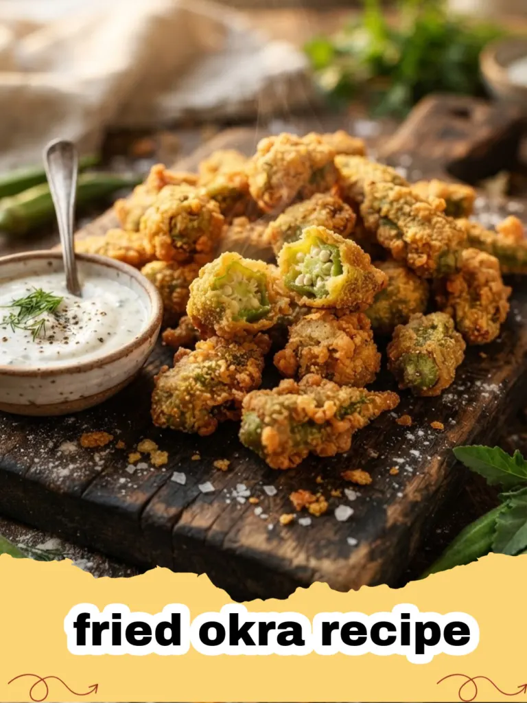 fried okra recipe - Close-up of golden brown, crispy fried okra piled on a plate, garnished with fresh parsley.