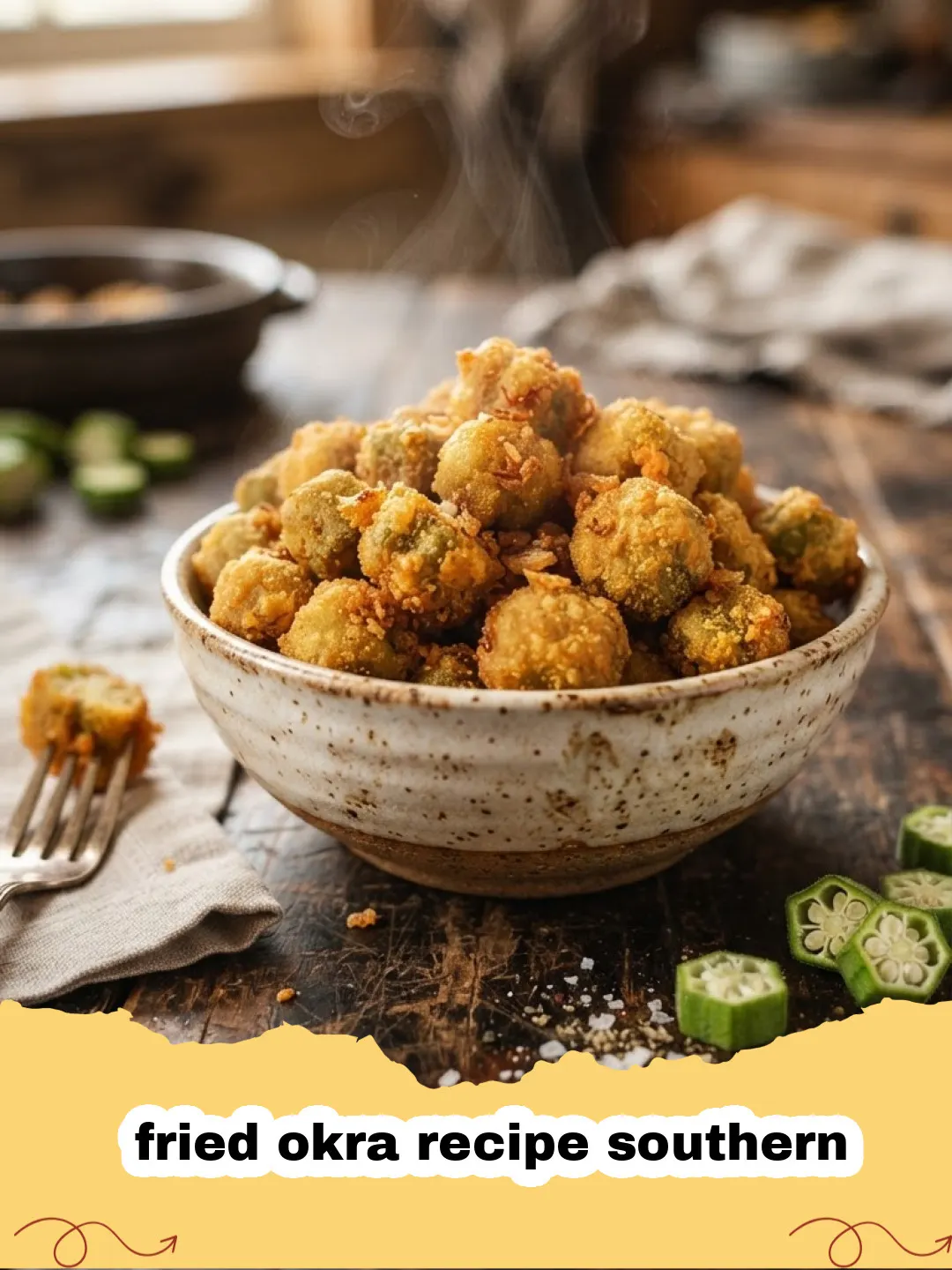 fried okra recipe southern - Close-up of golden brown crispy fried okra on a white plate, garnished with fresh parsley.