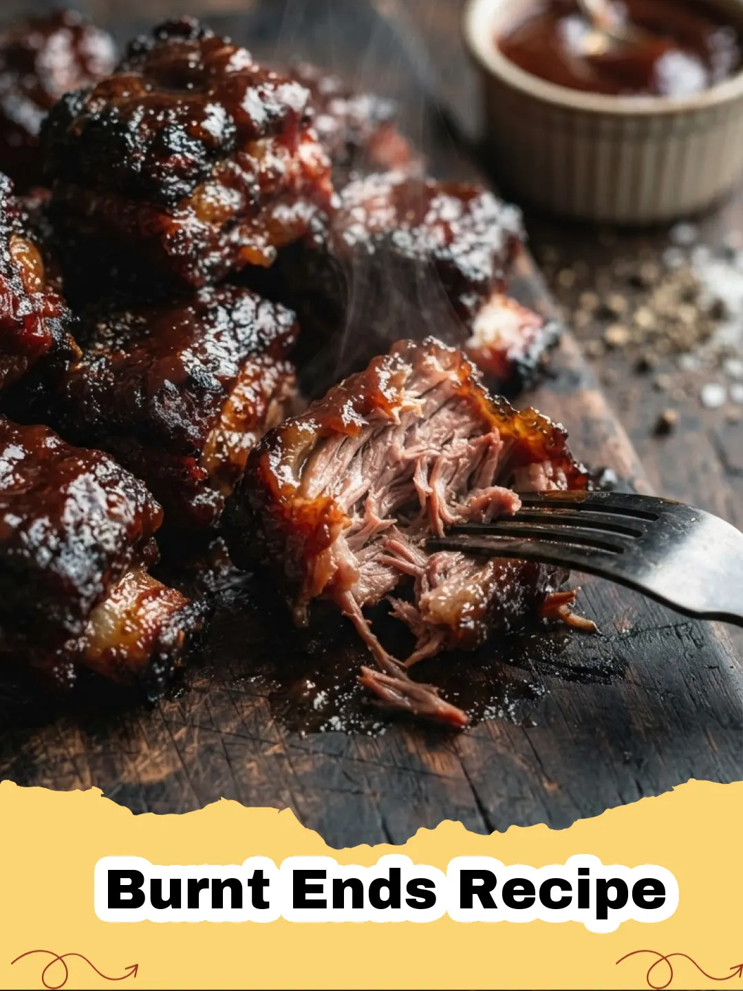 Burnt Ends Recipe - Close-up shot of glossy, sticky BBQ burnt ends piled high on a serving plate.