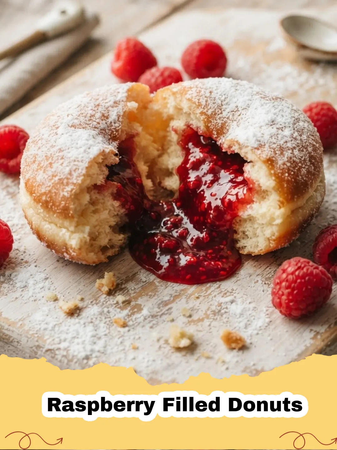 Raspberry Filled Donuts - Close-up of a fluffy, sugar-dusted Raspberry Filled Donut bursting with vibrant red jam.